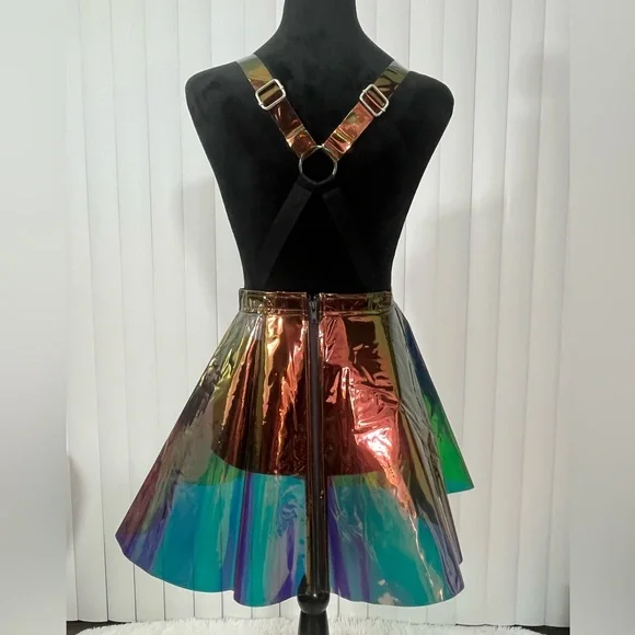 CLUB EXX Techno Gurl Hologram Vinyl Pinafore Overall Dress Metallic Blue Copper - Picture 4 of 12